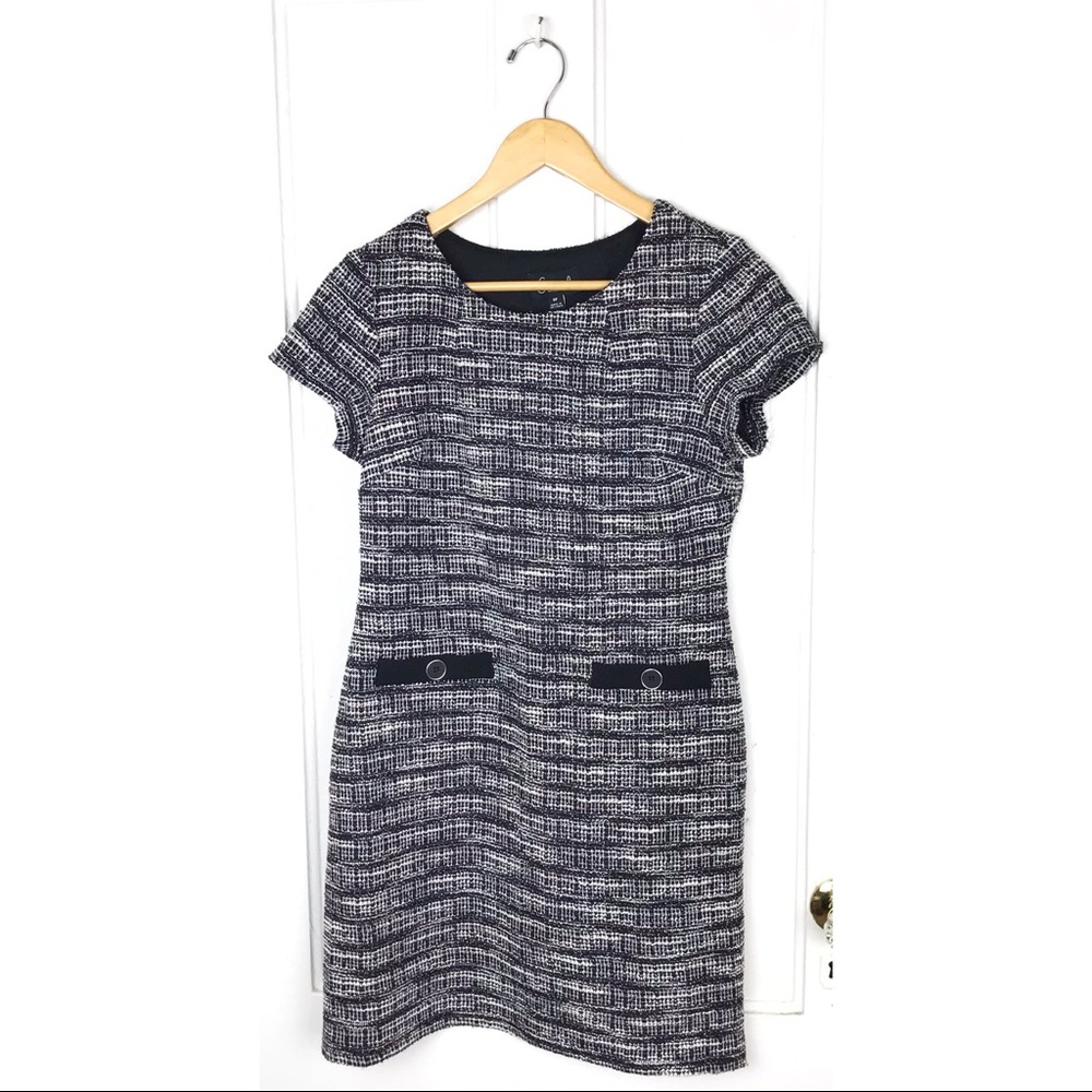 connected apparel : size 8 petite : preppy casual tweed pocket detail midi-dress